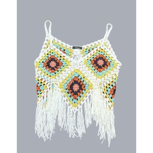 Vivid Granny Square Crochet Fringe Crop Top Multicolor Boho Festival